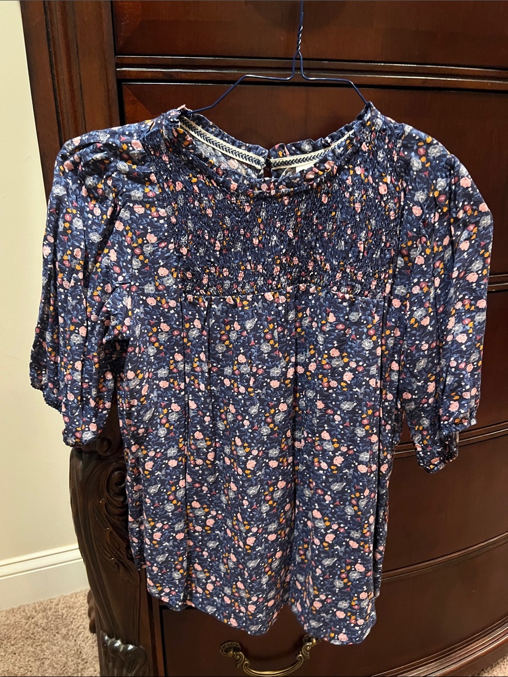 Knox Rose Navy Floral Smocked Blouse with Pink and Yellow Accents